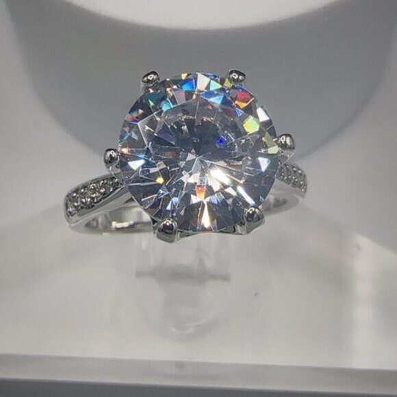 Simulated Diamond Engagement Ring Round Cut Pave Band Silver Tone - Picture 2 of 9